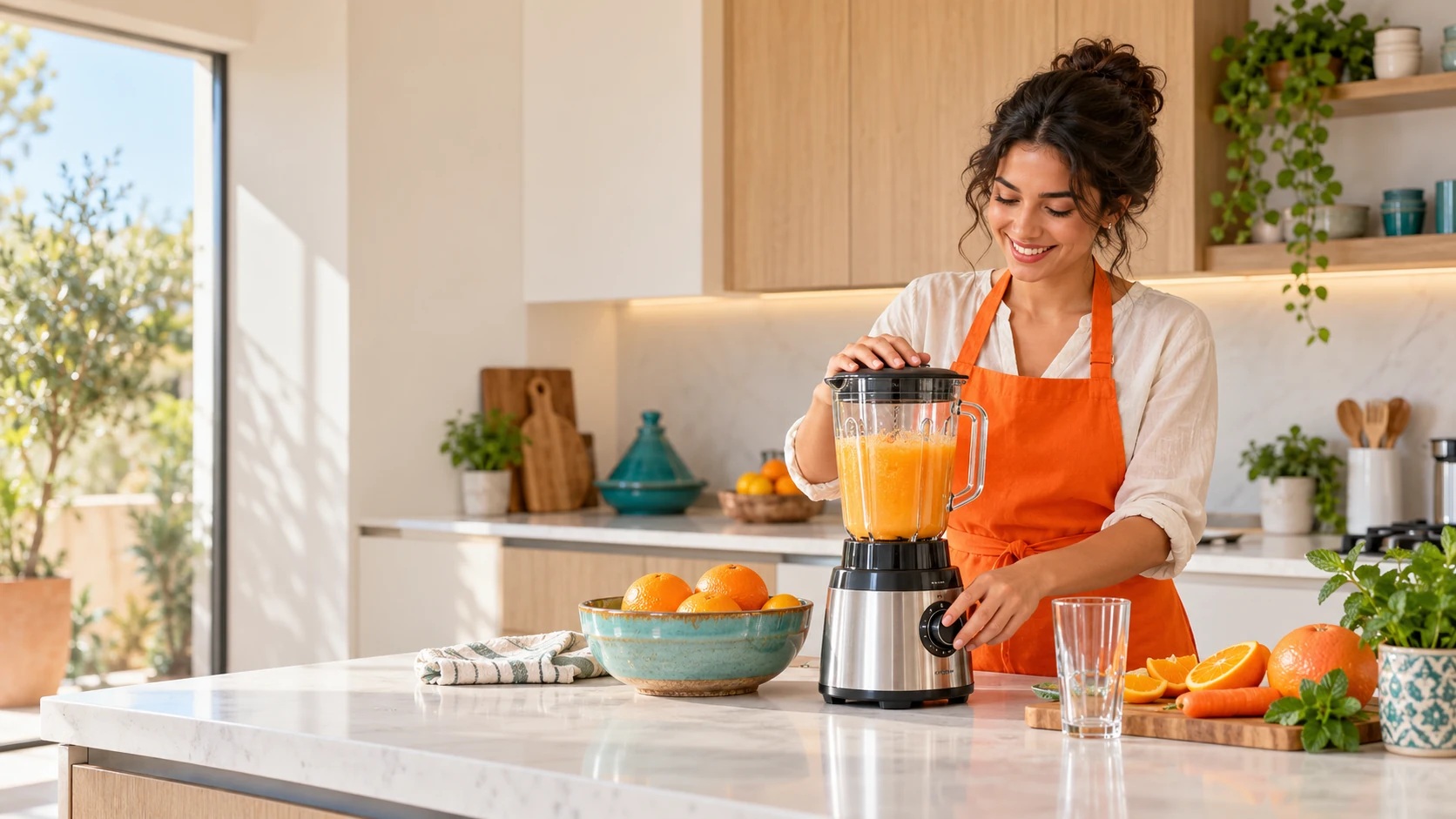 Une femme souriante prépare un jus au blender dans une cuisine moderne
