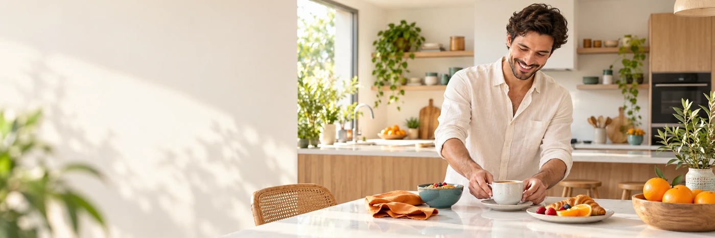 Un homme souriant prépare un petit-déjeuner dans une cuisine moderne