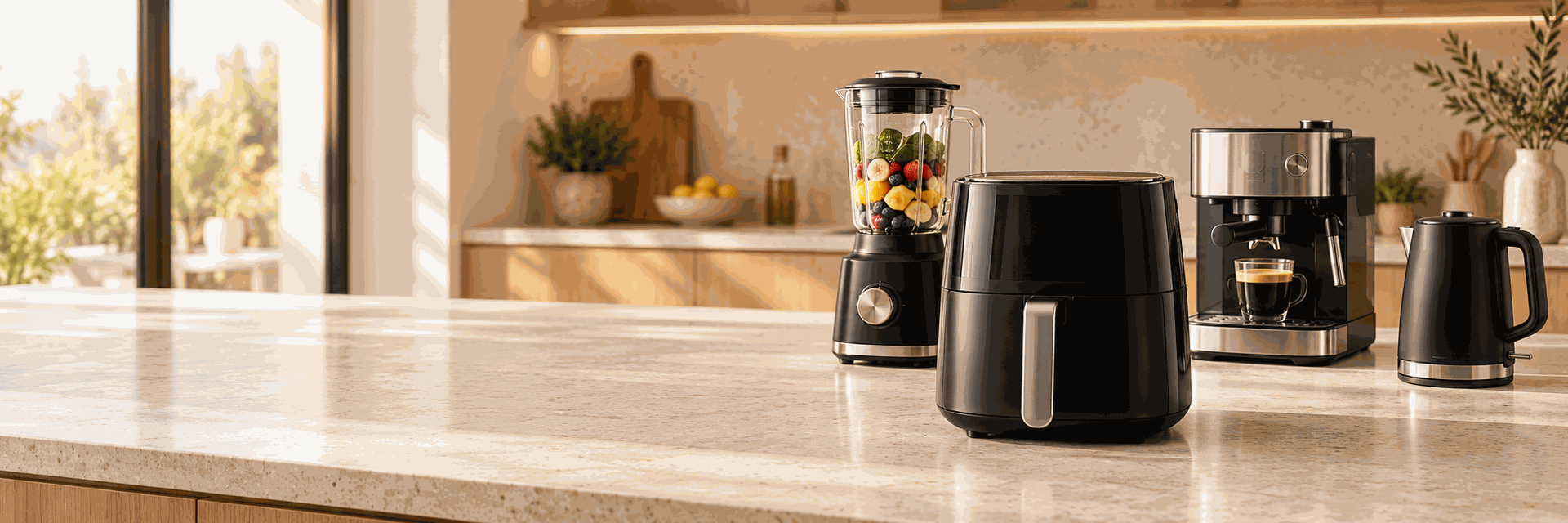 Air fryer, blender, machine à café et bouilloire dans une cuisine moderne