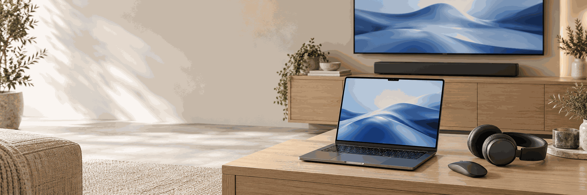 Téléviseur, barre de son, ordinateur portable et casque audio dans un intérieur moderne
