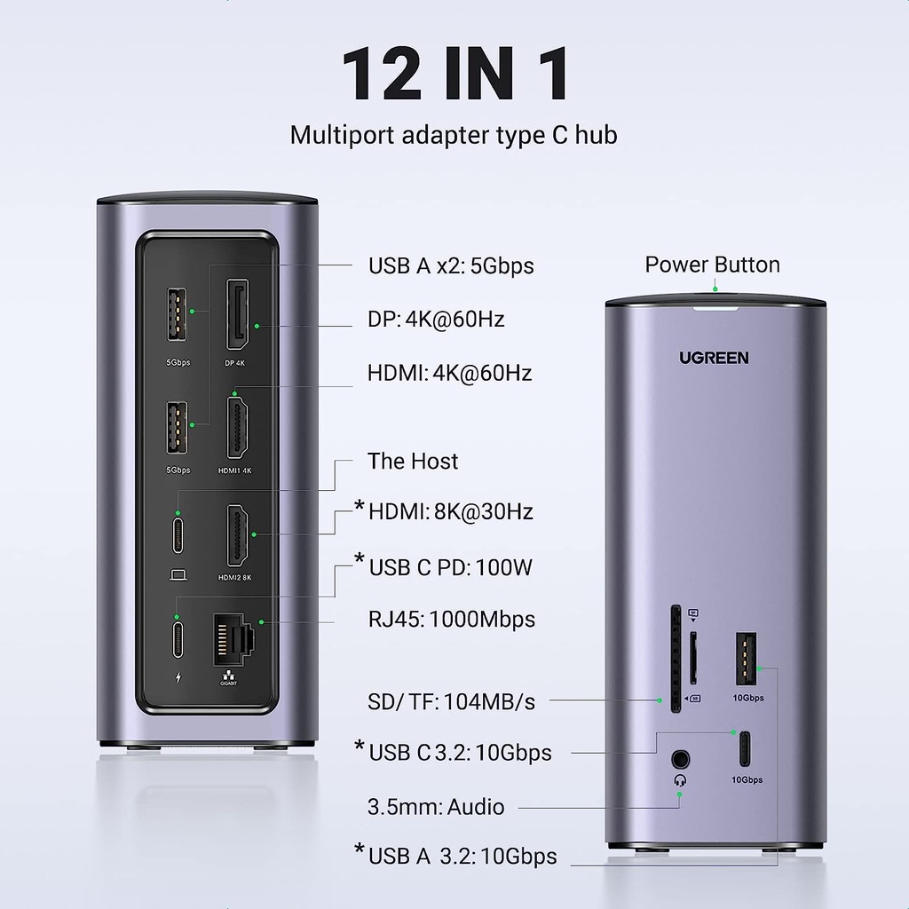 Hub USB-C Ugreen Revodok 12 en 1 Supporte PD (Power Delivery) 100W Recharge (90325)