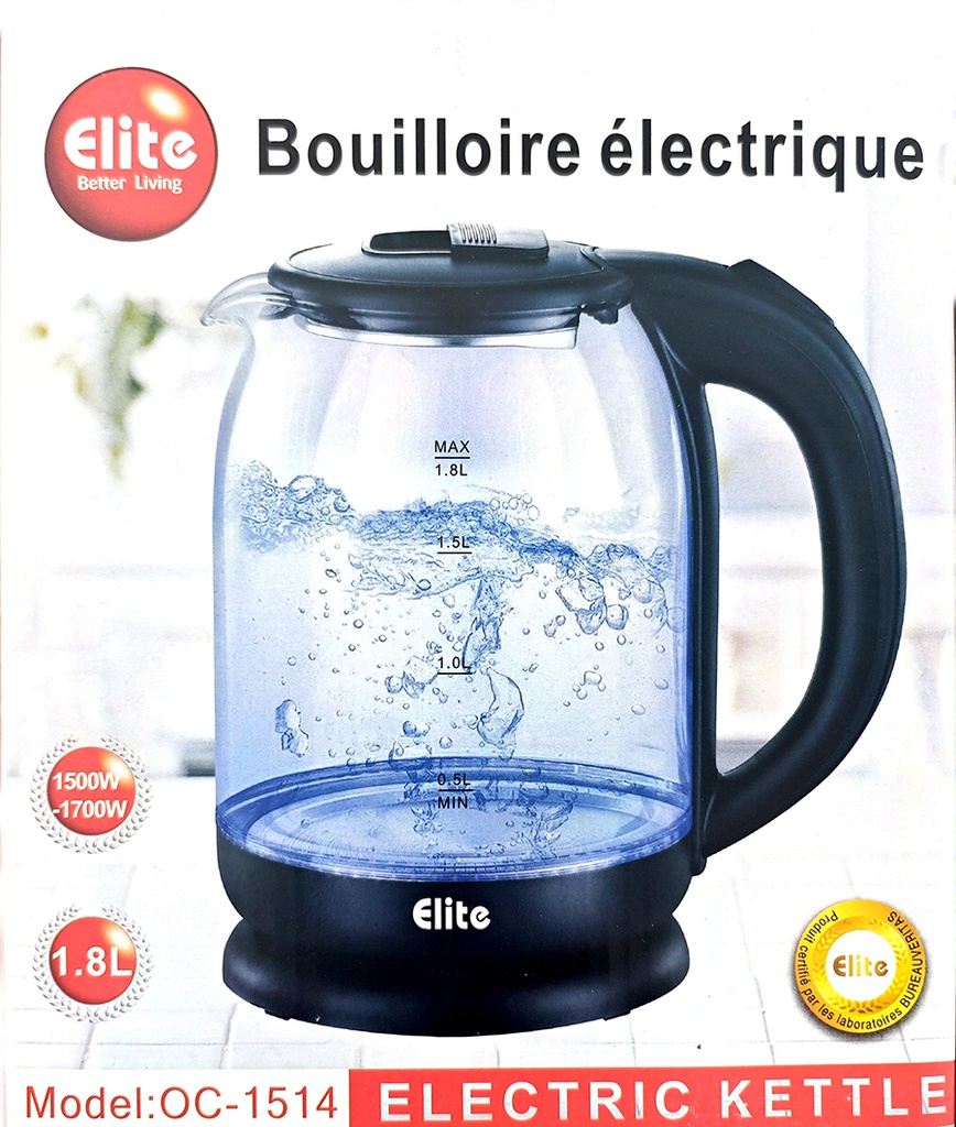 Bouilloire éléctrique en verre 1,8L Elite