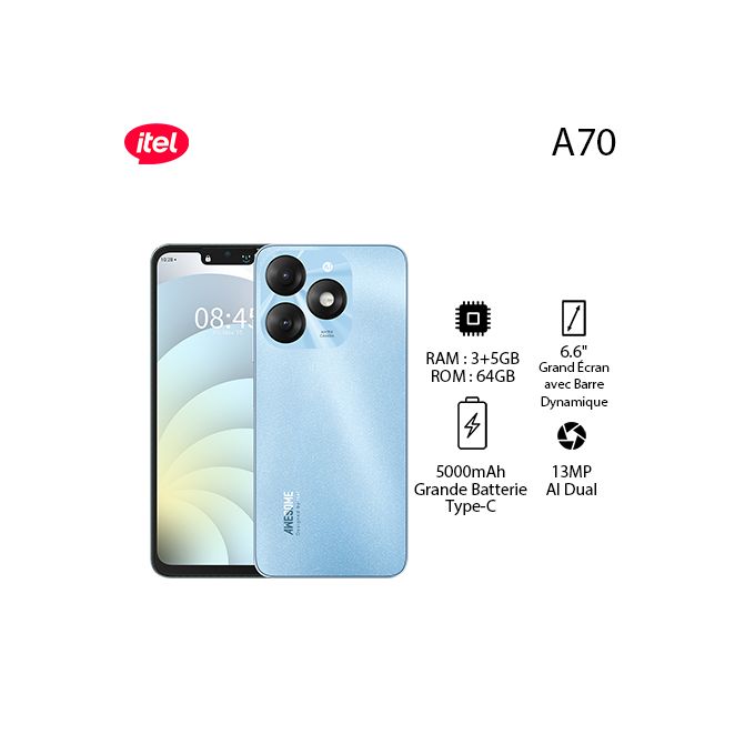 Itel A70 8GB(3+5GB)/64GB, HD+ | 13MP, 6.6” | 5000mAh, Type C | Azure Blue