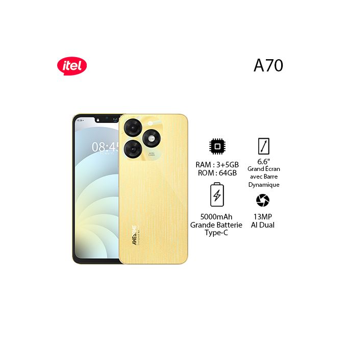 Itel A70 8GB(3+5GB)/64GB, HD+ | 13MP, 6.6” | 5000mAh, Type C | Brilliant Gold