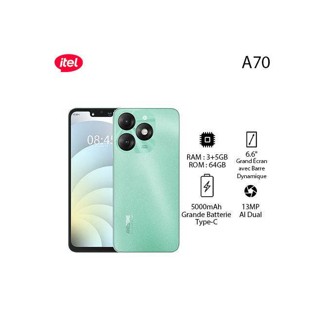 Itel A70 8GB(3+5GB)/64GB, HD+ | 13MP, 6.6” | 5000mAh, Type C | Field green