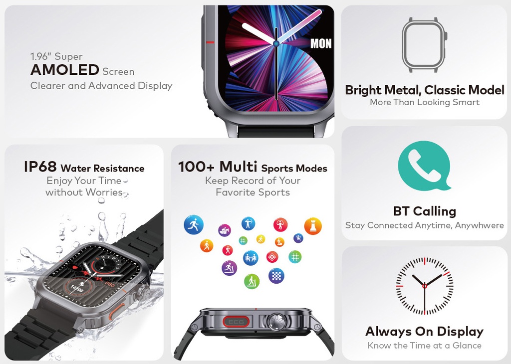 Itel Smartwatch E1 - 1.95" AMOLED, 300mAh, Noir