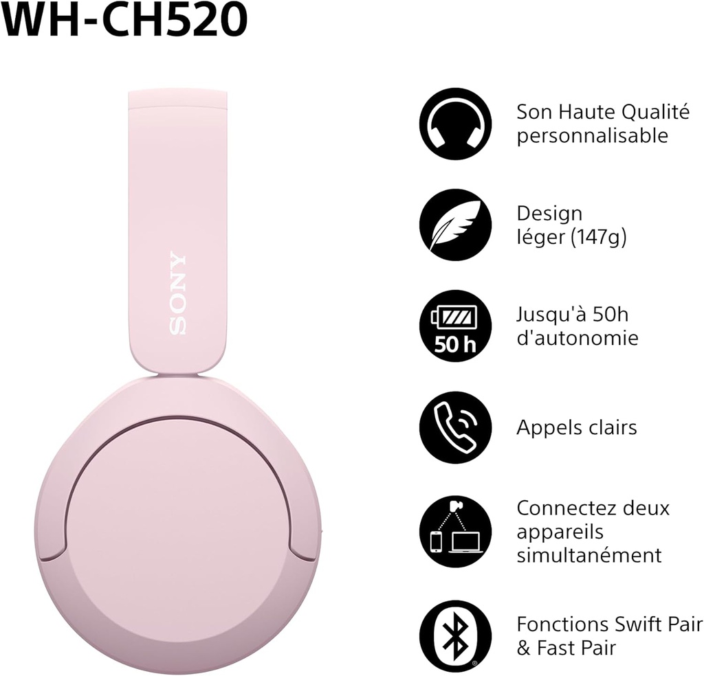 Casque Sony CH520 Bluetooth Rose (WH-CH520/PZ)