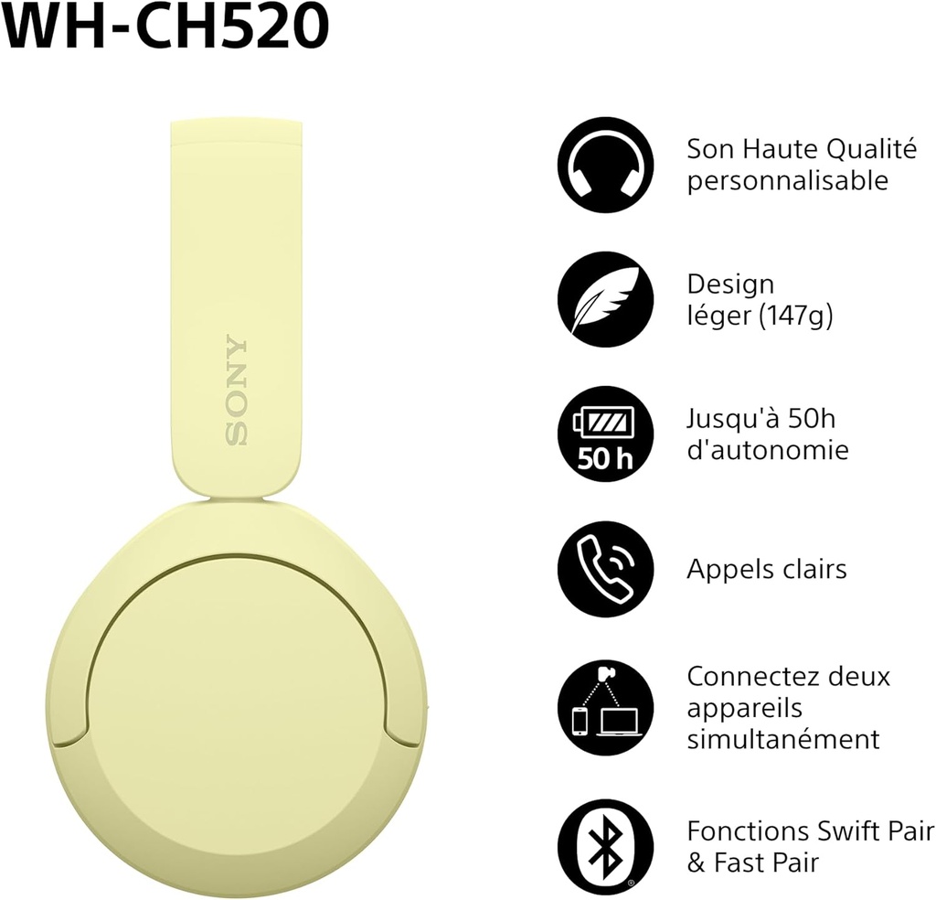 Casque Sony CH520 Bluetooth Jaune (WH-CH520/YE)
