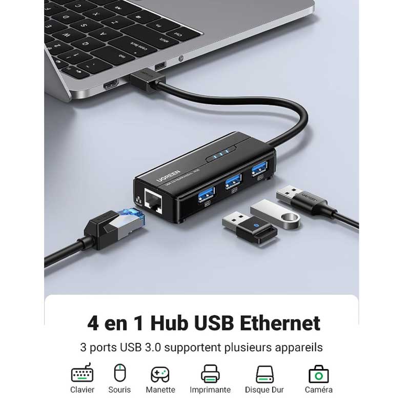 HUB USB 3.0 à 3 USB 2.0 + RJ45 Ugreen (20265)