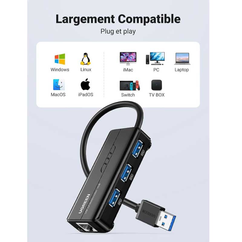 HUB USB 3.0 à 3 USB 2.0 + RJ45 Ugreen (20265)