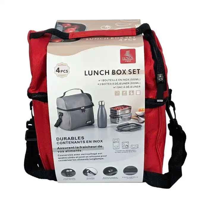 Lunch box isotherme empilable 4 pièces en acier inoxydable couleur rouge Luxus LBT4R avec poignée - Maroc