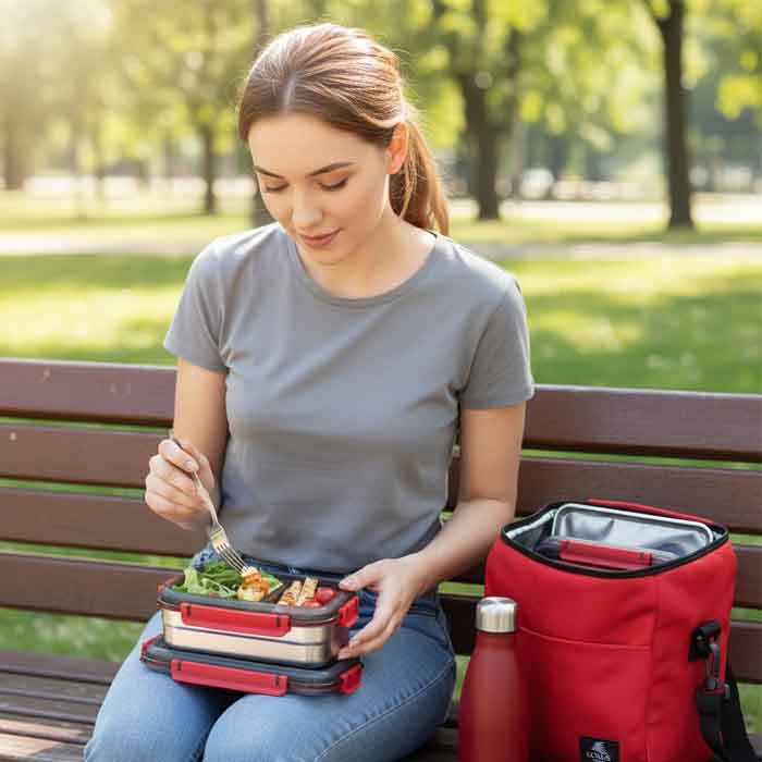 Lunch box isotherme empilable 4 pièces en acier inoxydable couleur rouge Luxus LBT4R avec poignée - Maroc