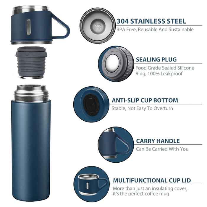 Thermos Bouteille Isotherme Luxus TL500B avec 3 Tasses Bleu 500ml