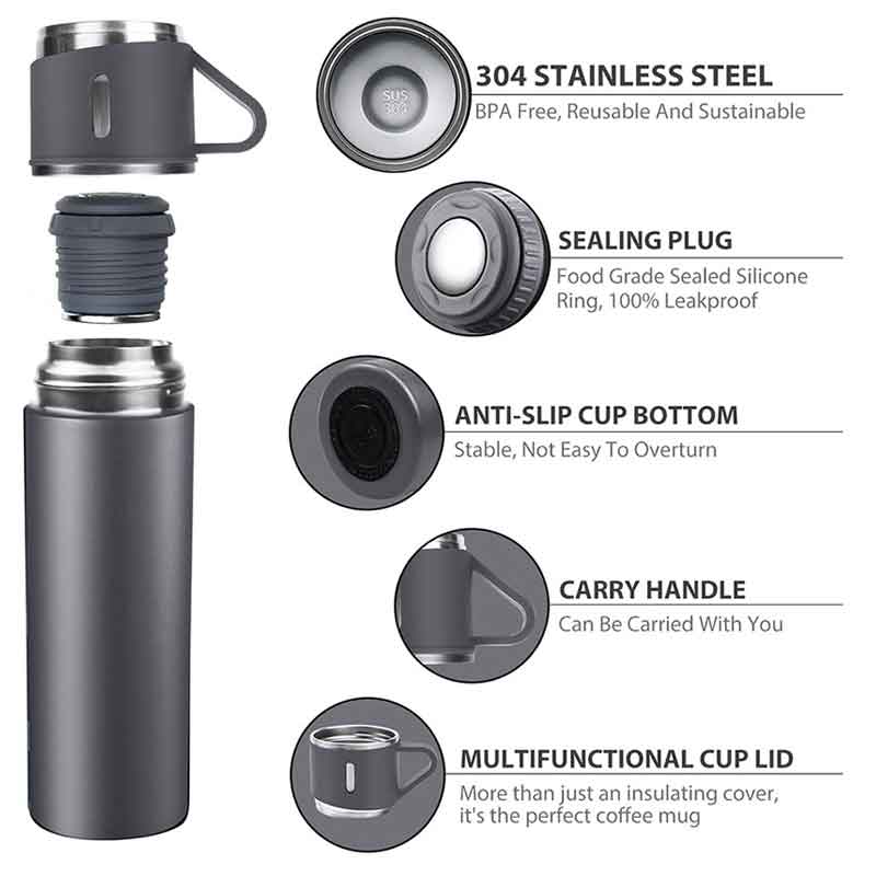 Bouteille thermos isotherme grise Luxus TL500G de 500 ml avec ses trois tasses de partage alignées - Maroc
