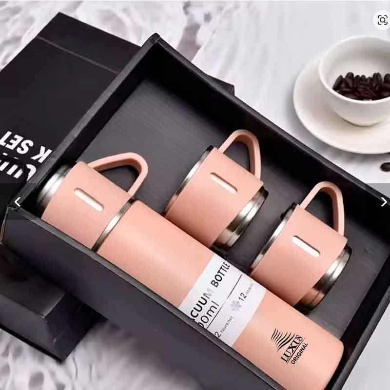 Bouteille thermos isotherme rose/pink Luxus TL500R de 500 ml avec ses trois tasses de partage alignées - Maroc