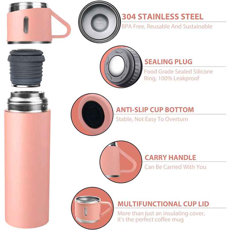 Bouteille thermos isotherme rose/pink Luxus TL500R de 500 ml avec ses trois tasses de partage alignées - Maroc