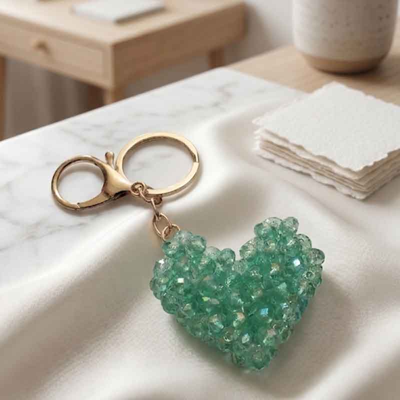 Charme de sac DORÉA turquoise fait main avec perles en faux crystal et mousqueton doré en acier inoxydable, accessoire élégant et léger pour sac et clés