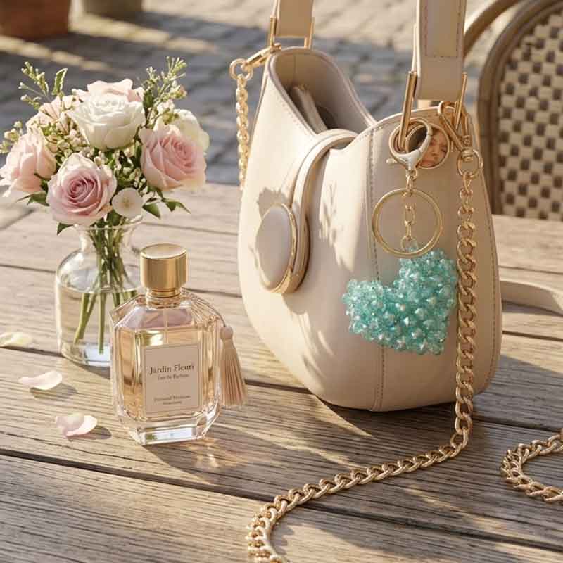 Charme de sac DORÉA turquoise fait main avec perles en faux crystal et mousqueton doré en acier inoxydable, accessoire élégant et léger pour sac et clés