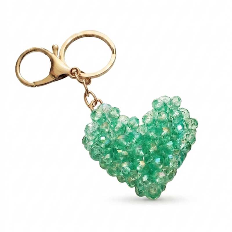 Charme de sac DORÉA turquoise fait main avec perles en faux crystal et mousqueton doré en acier inoxydable, accessoire élégant et léger pour sac et clés