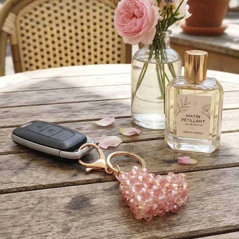 Charme de sac DORÉA rose fait main avec perles en faux crystal et mousqueton doré en acier inoxydable, accessoire élégant et léger pour sac et clés