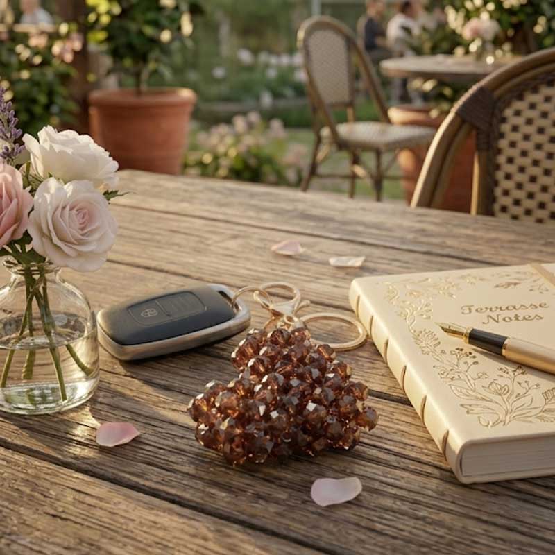 Porte-clés DORÉA Crystal Heart Mocha fait main en perles effet cristal brun avec mousqueton doré en acier inoxydable sur fond blanc