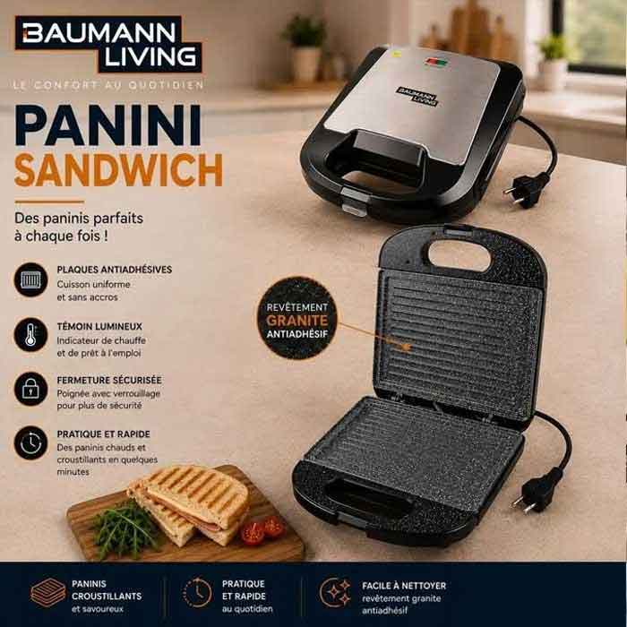 Machine à sandwich Baumann Living JK-101M-G 1200W – Grill Panini Granite