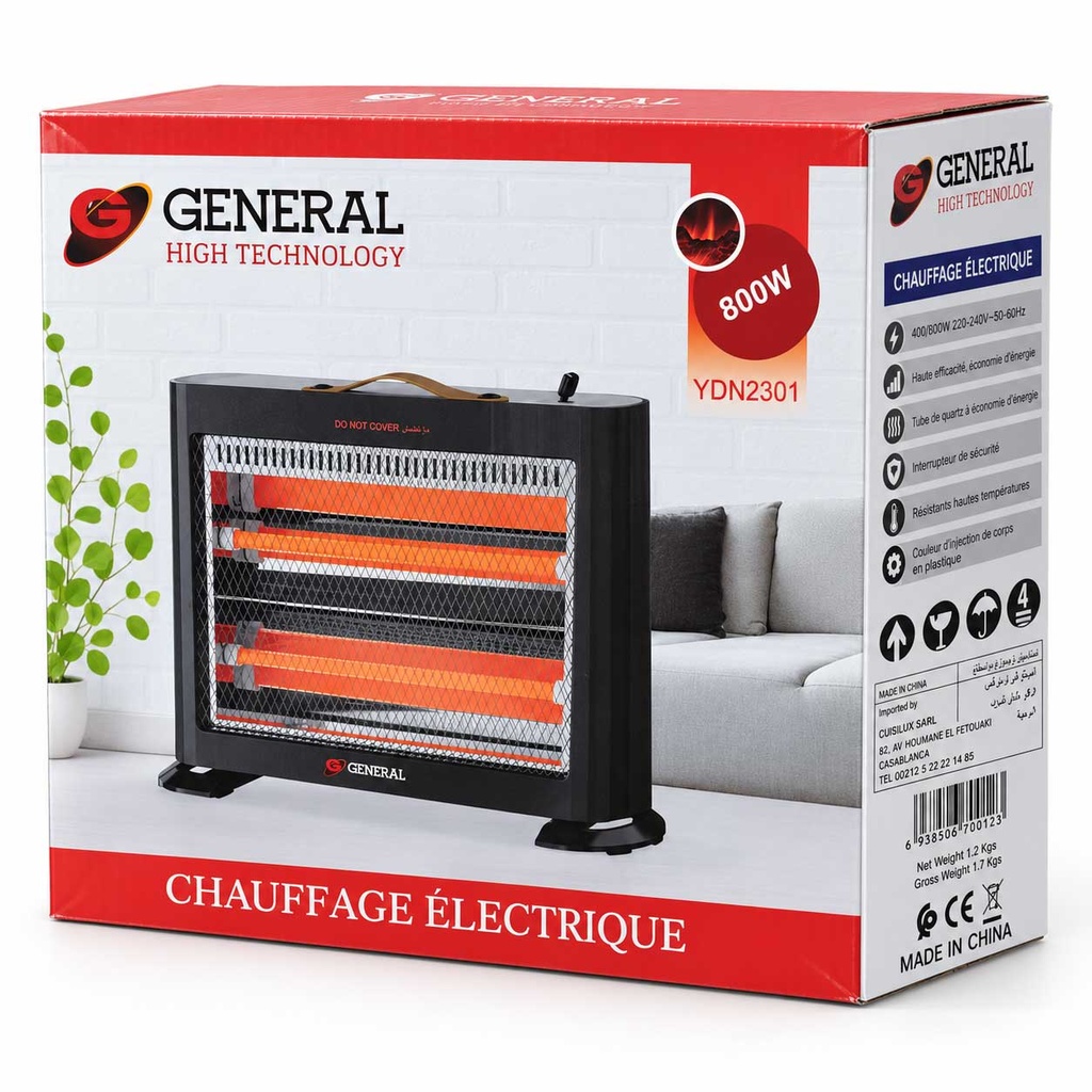 Chauffage électrique à quartz General YDN2301 800W – 2 niveaux de puissance