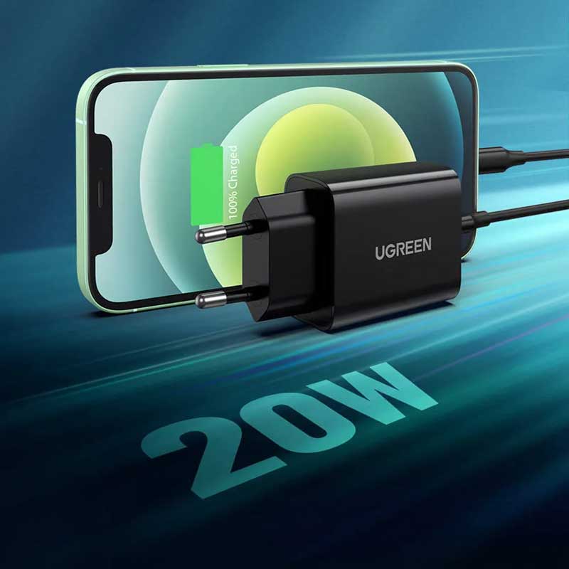 Le UGREEN 10191 est un chargeur mural USB-C de 20 W compact et rapide, compatible Power Delivery, idéal pour recharger smartphones et tablettes USB-C au quotidien. Le câble de charge n’est pas inclus.