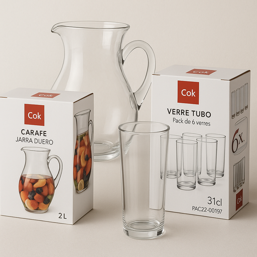 [packcok] Pack carafe en verre 2 Litres + 6 verres TUBO 31 cl